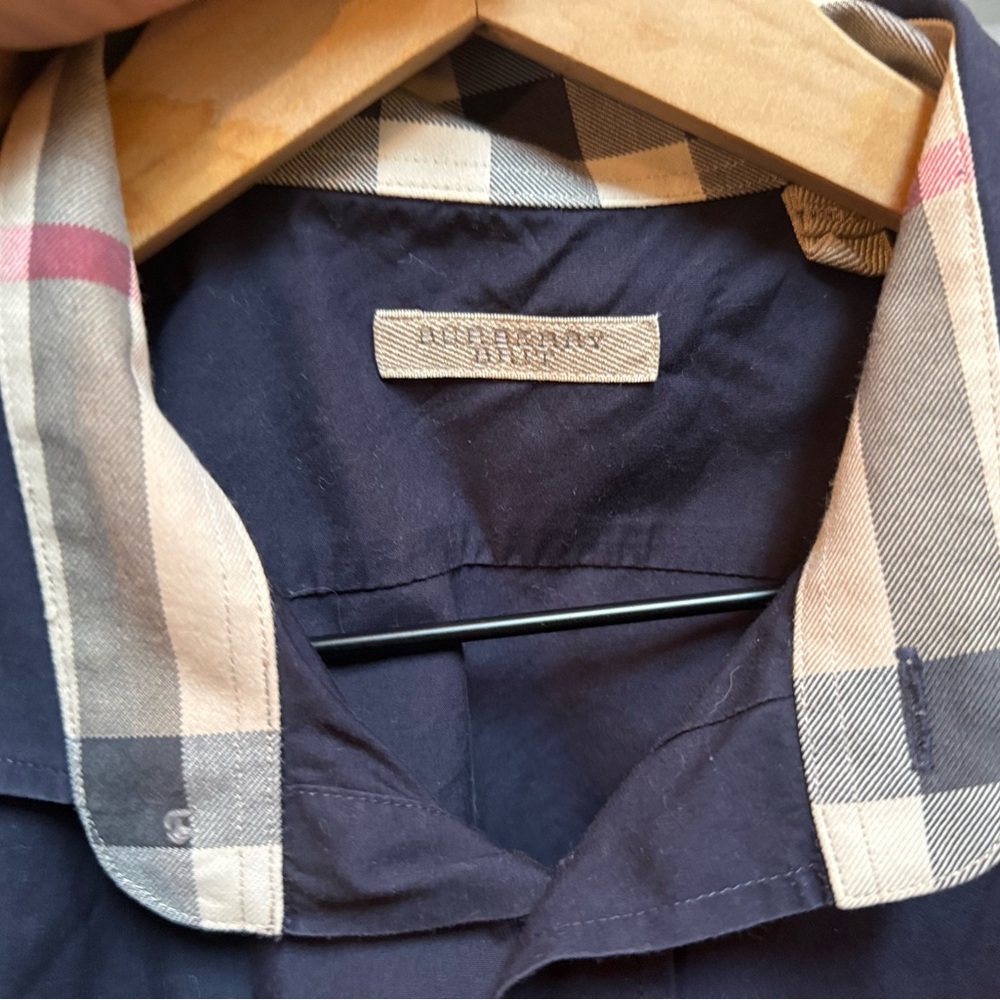 Burberry Navy Shirt with Plaid Trim
